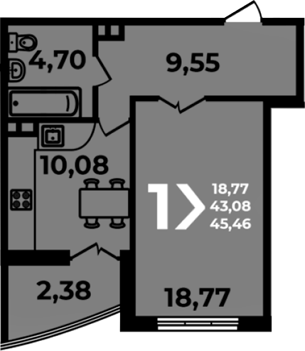 Продается 1-комн. квартира, 43.08 м²