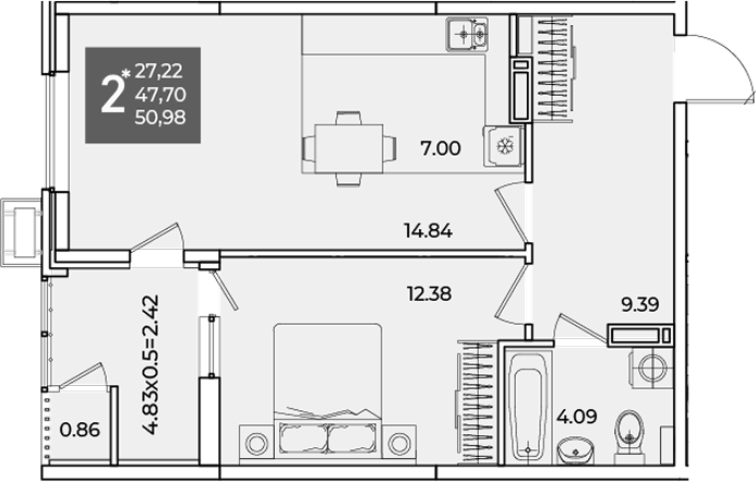 1-комн., 47.7 м², 18/18 этаж, ЖК «Образцово»