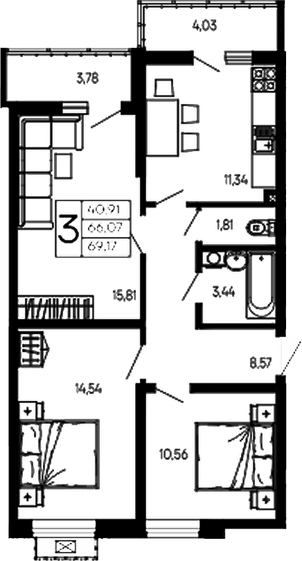 3-комн., 66.07 м², 2/16 этаж, ЖК «Эпос»