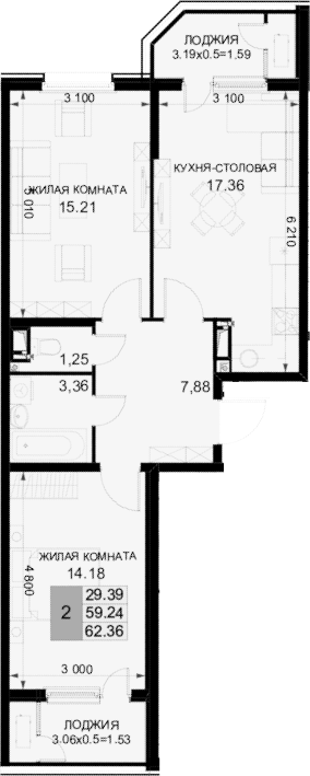 2-комн., 59.24 м², 16/18 этаж, ЖК «Фонтаны»