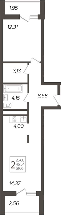 2-комн., 46.54 м², 7/19 этаж, ЖК «Кислород»