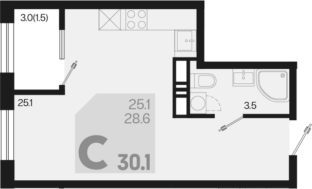 Студия, 28.6 м², 9/18 этаж, ЖК «Первое место»