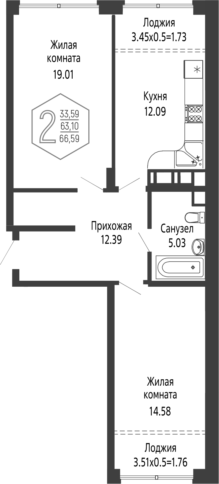 2-комн., 63.1 м², 21/24 этаж, ЖК «Гарантия PRIME»