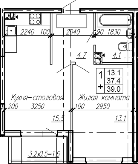 1-комн., 37.4 м², 1/4 этаж, ЖК «Эво»