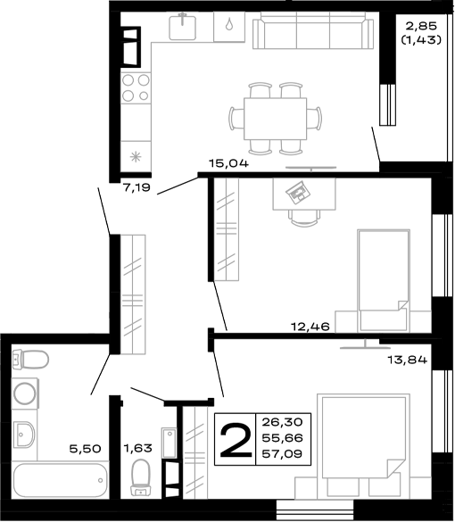2-комн., 55.66 м², 3/16 этаж, ЖК «Горные высоты»