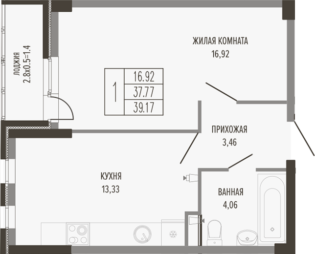 1-комн., 37.77 м², 1/3 этаж, ЖК «Екатерининский парк»