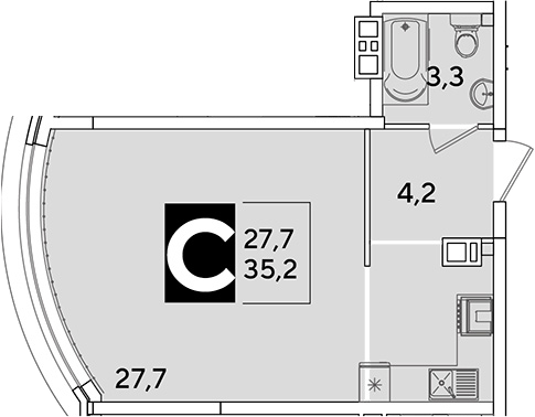 Студия, 35.2 м², 5/16 этаж, ЖК «Самолет»
