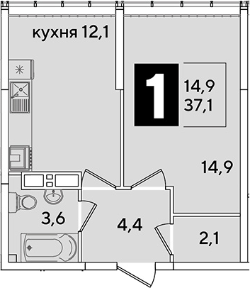 1-комн., 37.1 м², 15/16 этаж, ЖК «Самолет»