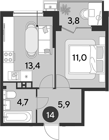 2-комн., 35 м², 3/16 этаж, ЖК «Парк Победы»
