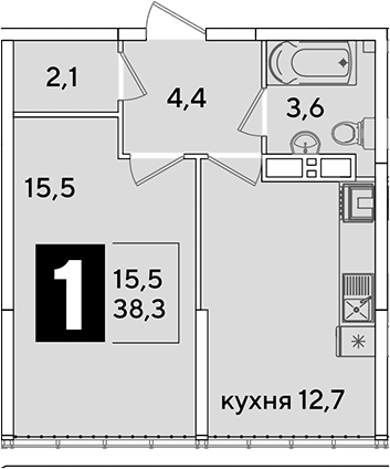 1-комн., 38.3 м², 16/16 этаж, ЖК «Самолет»