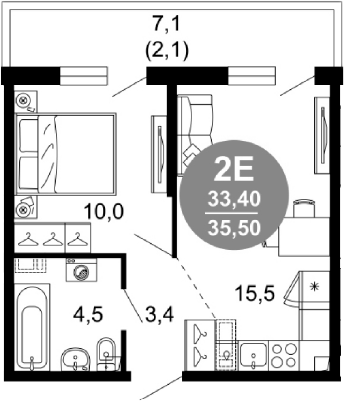 2-комн., 33.4 м², 2/17 этаж, ЖК «Лестория»