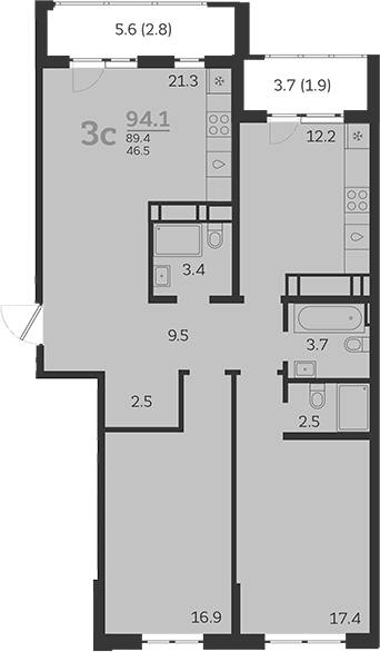 3-комн., 88.35 м², 24/24 этаж, ЖК «Все Свои VIP»