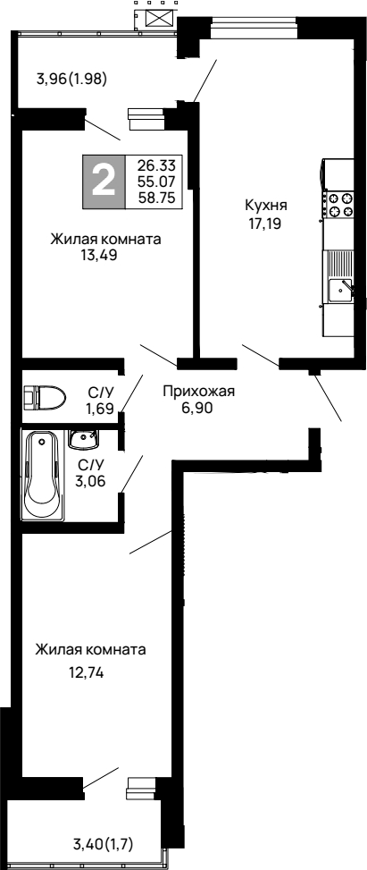 2-комн., 55.07 м², 2/14 этаж, ЖК «Долина»