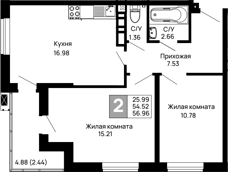 2-комн., 54.52 м², 3/13 этаж, ЖК «Долина»