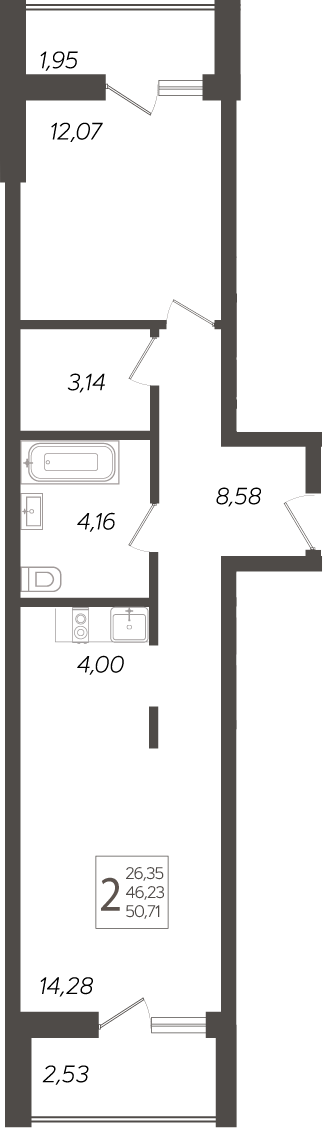 2-комн., 47.32 м², 13/19 этаж, ЖК «Кислород»