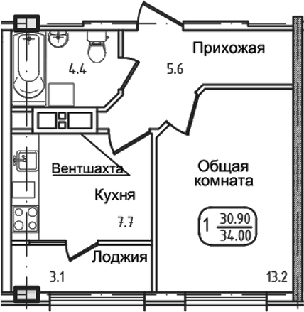 1-комн., 29.4 м², 2/8 этаж, ЖК «Уют. Дарстрой»