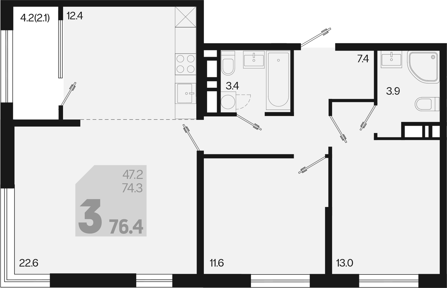 3-комн., 74.3 м², 8/18 этаж, ЖК «Первое место»