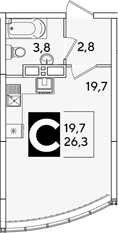 Студия, 26.3 м², 15/16 этаж, ЖК «Самолет»