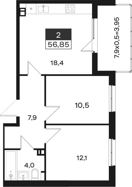 2-комн., 52.9 м², 3/4 этаж, ЖК «Новая Елизаветка»
