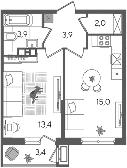 2-комн., 38.2 м², 4/24 этаж, ЖК «Рекорд»