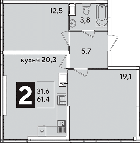3-комн., 61.4 м², 16/16 этаж, ЖК «Самолет»