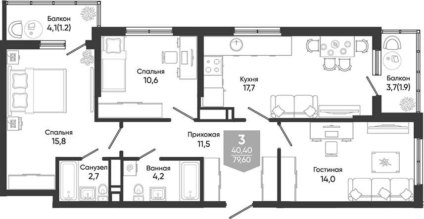 4+ комнаты, 76.5 м², 3/24 этаж, ЖК «Облака»