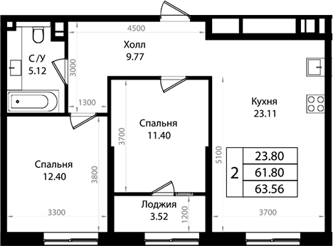 2-комн., 61.34 м², 14/18 этаж, ЖК «Патрики»