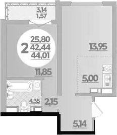 1-комн., 42.44 м², 14/16 этаж, ЖК «Город у моря»