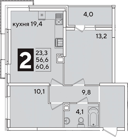 3-комн., 56.6 м², 9/16 этаж, ЖК «Самолет»