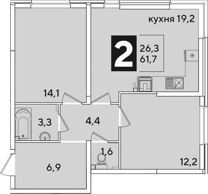 3-комн., 61.7 м², 1/16 этаж, ЖК «Самолет»