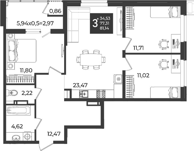 3-комн., 77.31 м², 14/18 этаж, ЖК «Образцово»