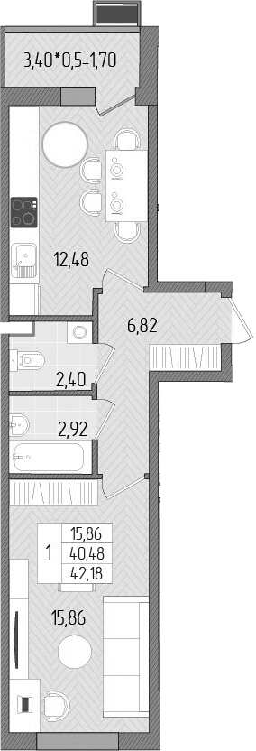 1-комн., 40.48 м², 1/8 этаж, ЖК «Сады у моря»