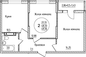 2-комн., 48.33 м², 13/16 этаж, ЖК «Друг»