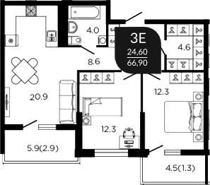 3-комн., 64.5 м², 4/22 этаж, ЖК «Отражение»