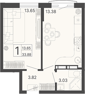 1-комн., 33.88 м², 14/19 этаж, ЖК «Светский лес»