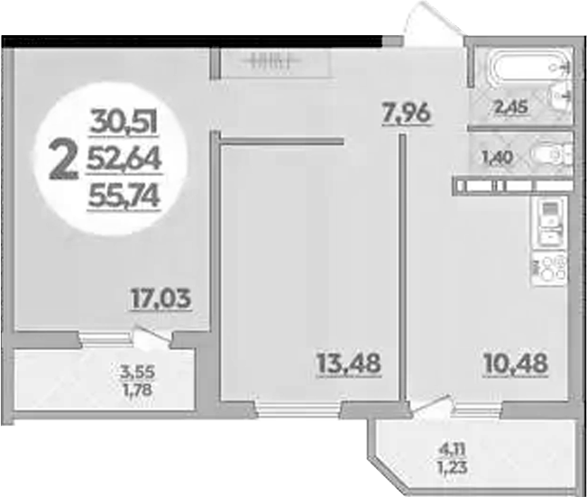 2-комн., 52.8 м², 1/16 этаж, ЖК «Восточный. Квартал №6»