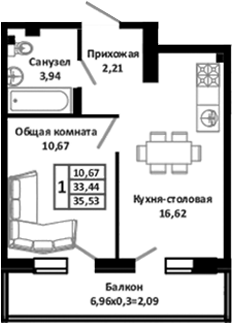 2-комн., 33.44 м², 2/4 этаж, ЖК «Южные Соседи»