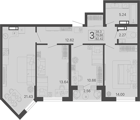 3-комн., 79.86 м², 19/19 этаж, ЖК «Светский лес»