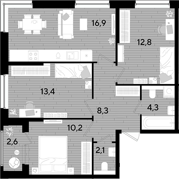 3-комн., 68 м², 2/16 этаж, ЖК «DОГМА ПАРК»