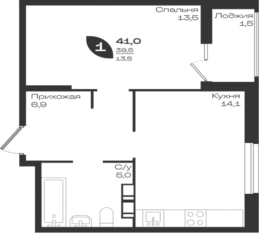 1-комн., 39.5 м², 5/9 этаж, ЖК «Ботаника»