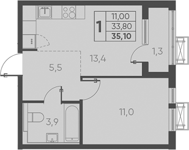 1-комн., 33.8 м², 8/24 этаж, ЖК «Барса»