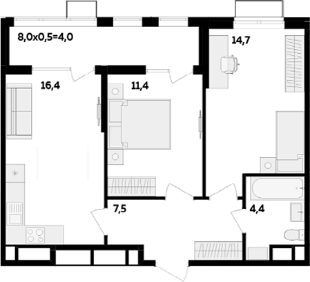 2-комн., 54.4 м², 16/16 этаж, ЖК «МегаСити»
