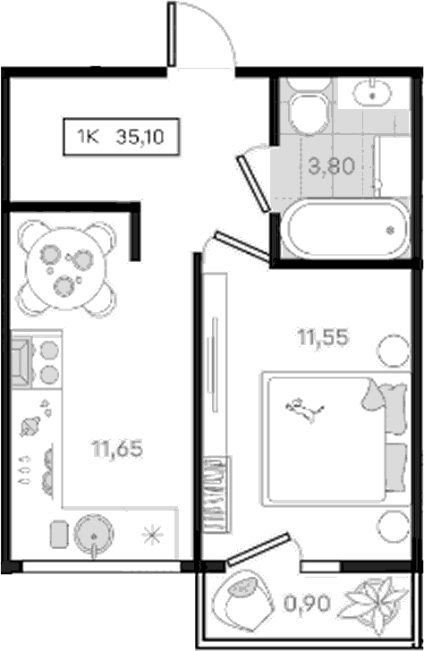 1-комн., 34.2 м², 6/8 этаж, ЖК «История 3»