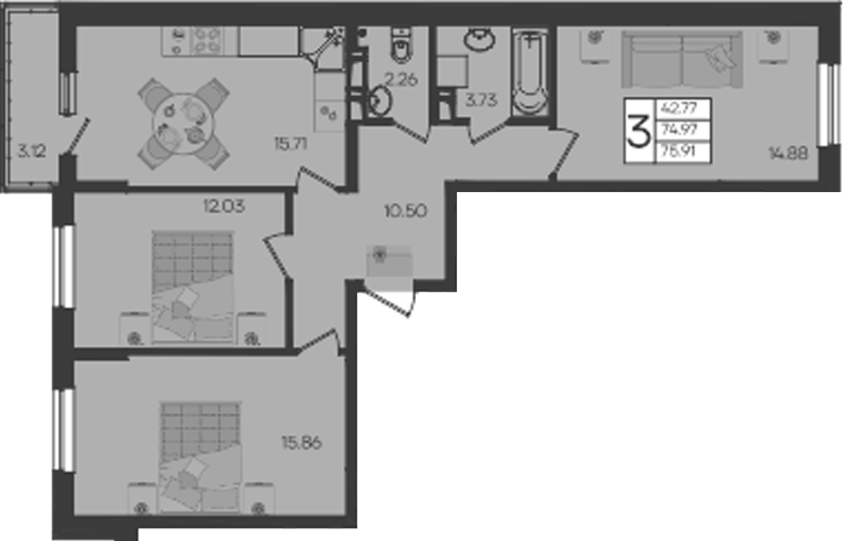 3-комн., 74.97 м², 4/9 этаж, ЖК «Дом 101»