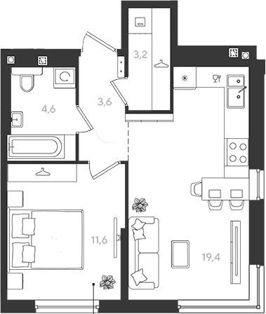 1-комн., 42.4 м², 2/18 этаж, ЖК «Самолет»
