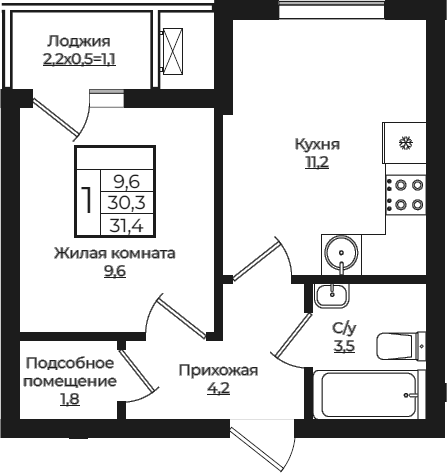 1-комн., 30.3 м², 1/7 этаж, ЖК «Европа-Сити»