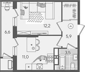 1-комн., 32.6 м², 23/24 этаж, ЖК «Рекорд»