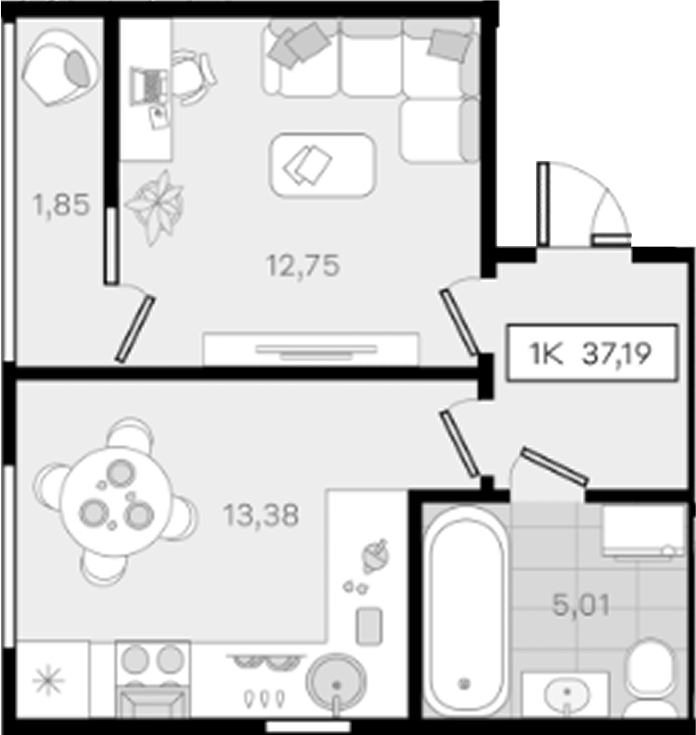 1-комн., 35.34 м², 7/8 этаж, ЖК «История 3»