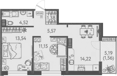 2-комн., 50.38 м², 8/9 этаж, ЖК «Друзья»