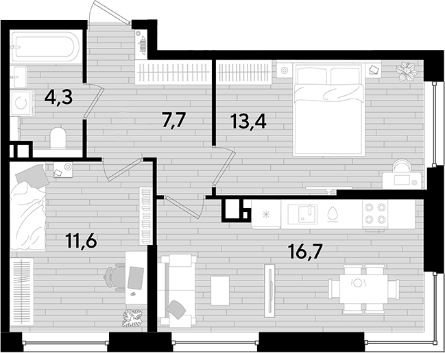2-комн., 53.7 м², 4/16 этаж, ЖК «DОГМА ПАРК»